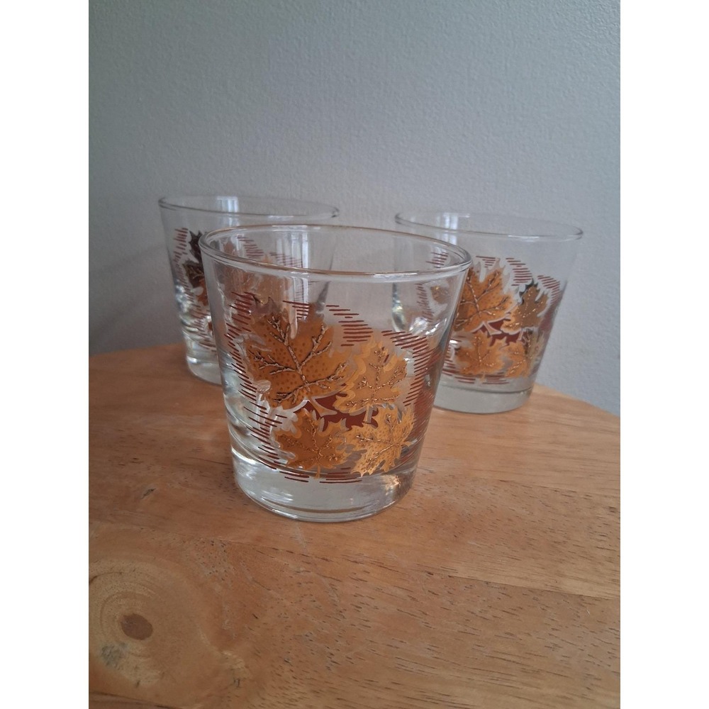 Vintage MCM Gold Copper Leaf Rocks Glasses Set of 3 Mid Century Fall Barware